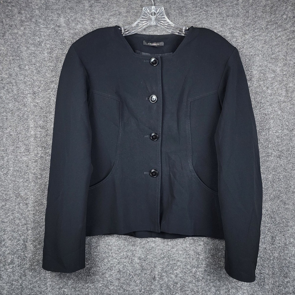 Louben Blazer Jacket Women Size 12 Black Vintage Collarless Button Front Canada